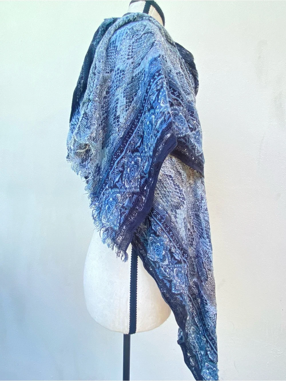 Boho Blue Black Silver Metallic  Pashmina Fringe Scarf
